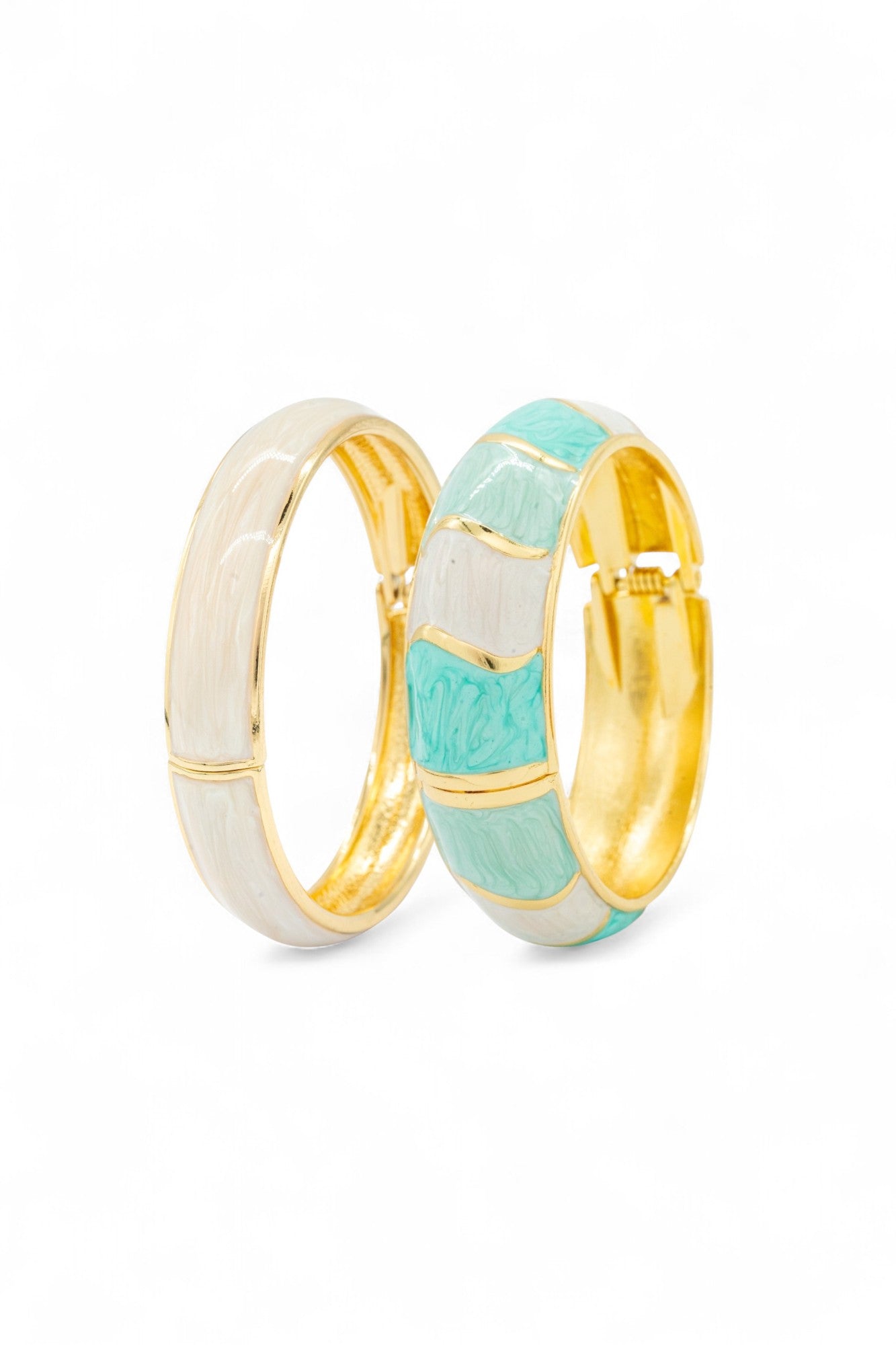 Enamel Gold-Plated Statement Turquoise and Ivory Bangles Stack