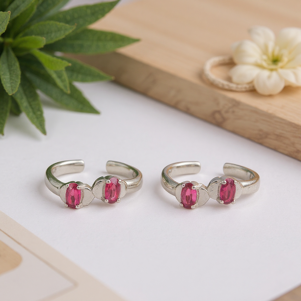 925 Fine Silver Pink Stone Toe Rings