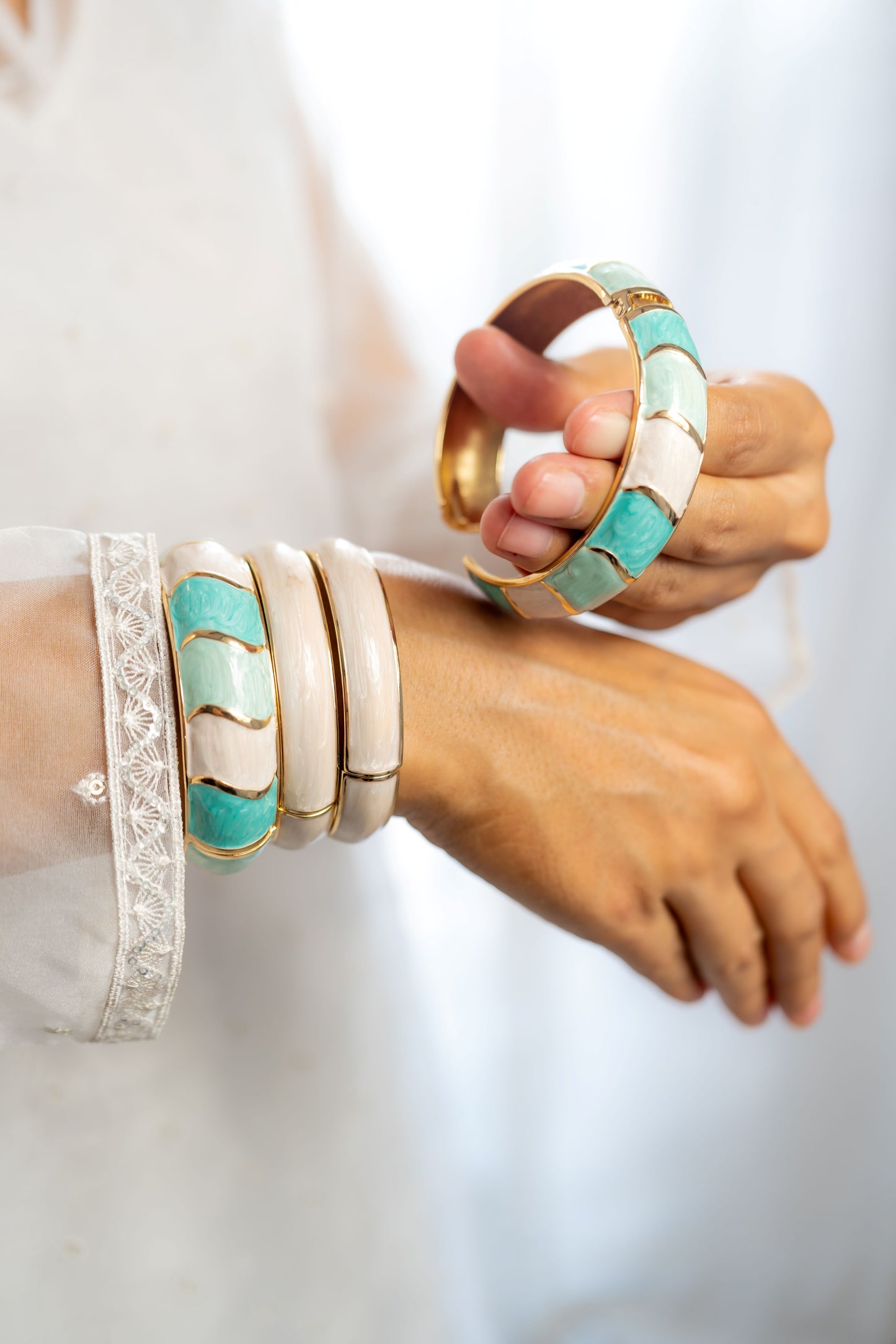 Enamel Gold-Plated Statement Turquoise and Ivory Bangles Stack