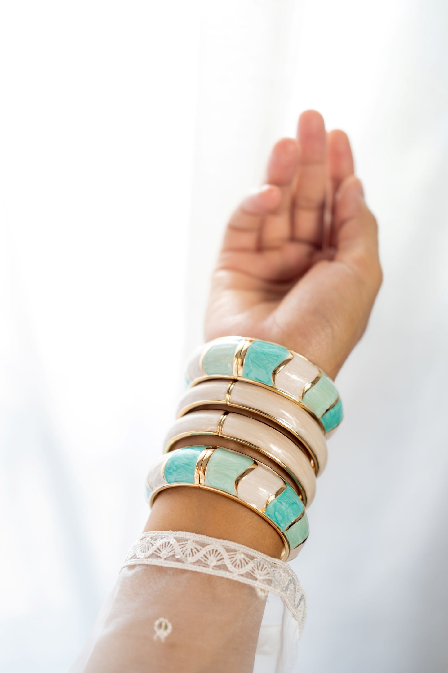 Enamel Gold-Plated Statement Turquoise and Ivory Bangles Stack