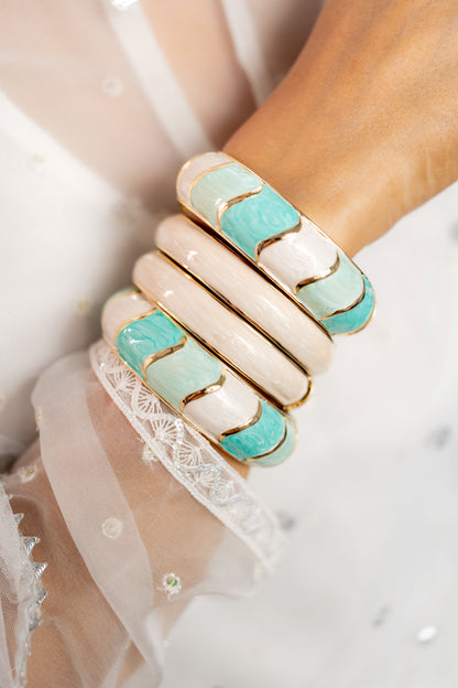 Enamel Gold-Plated Statement Turquoise and Ivory Bangles Stack