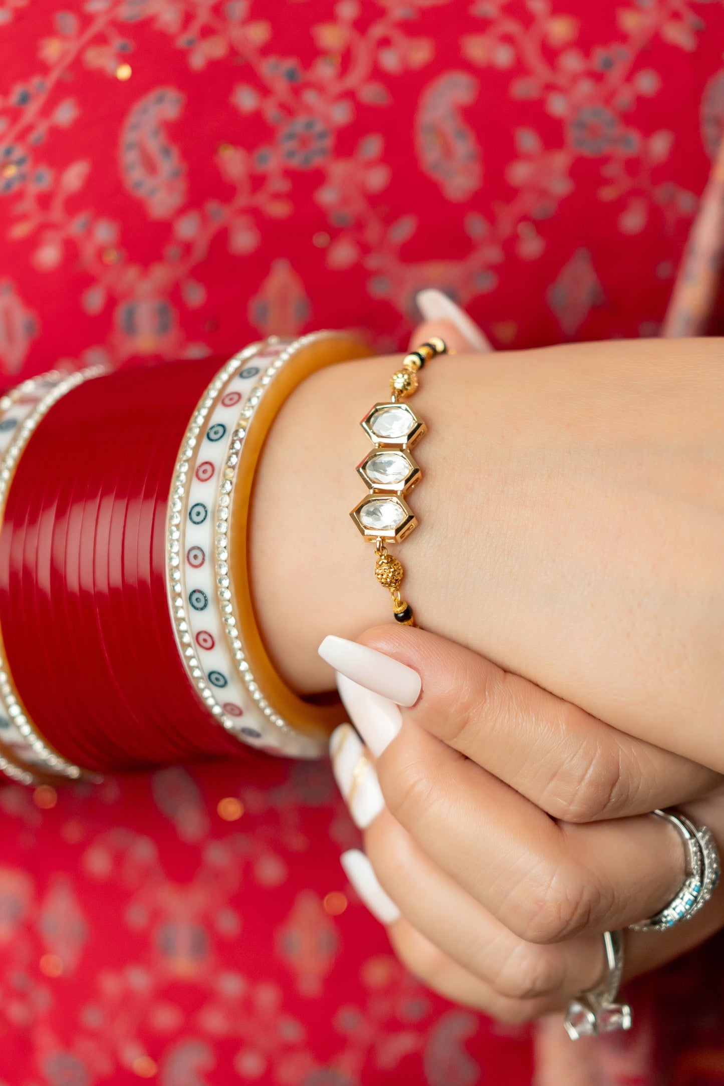 Gold Plated Anti Tarnish Mangalsutra Bracelet (Tri Pentagon Pattern)