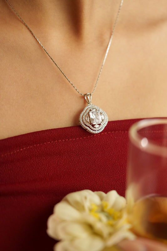 Flower Quad Stone Fine Silver Pendant Set