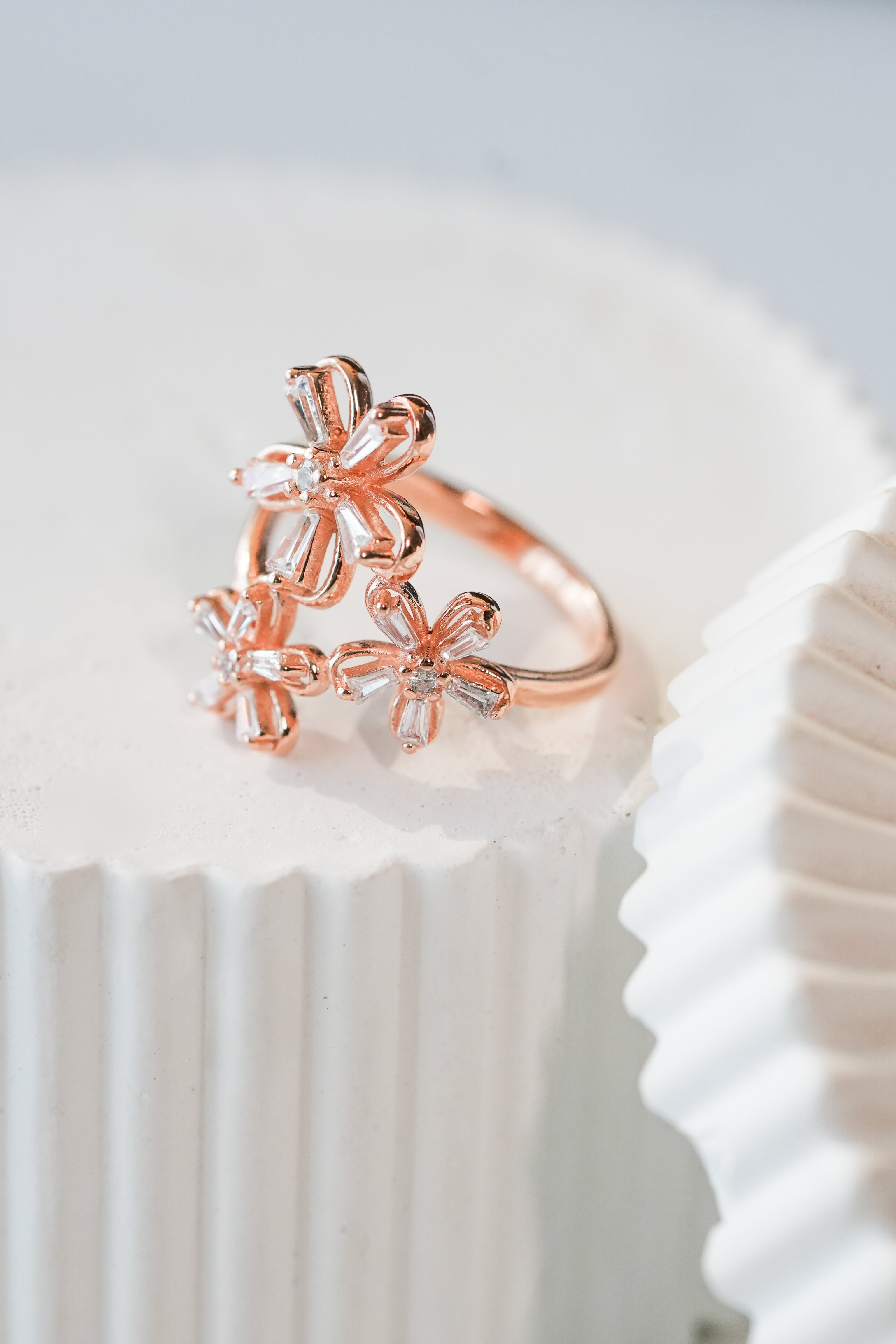 925 Pure Silver Fine Rose Gold Triplet Flower Ring