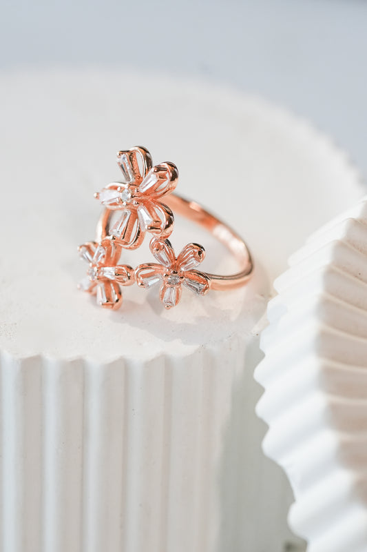 925 Pure Silver Fine Rose Gold Triplet Flower Ring