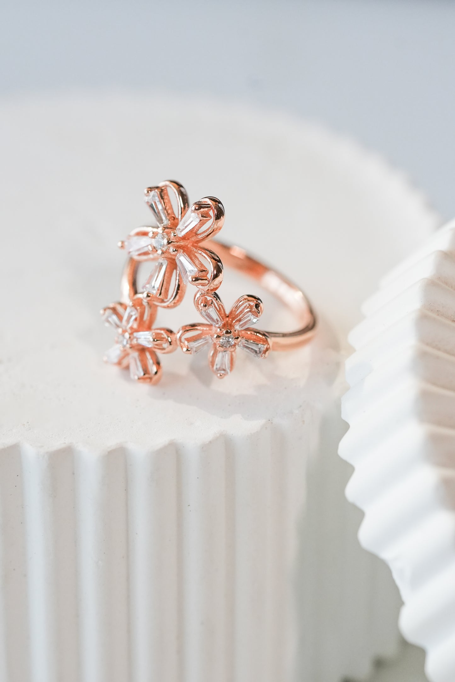 925 Pure Silver Fine Rose Gold Triplet Flower Ring