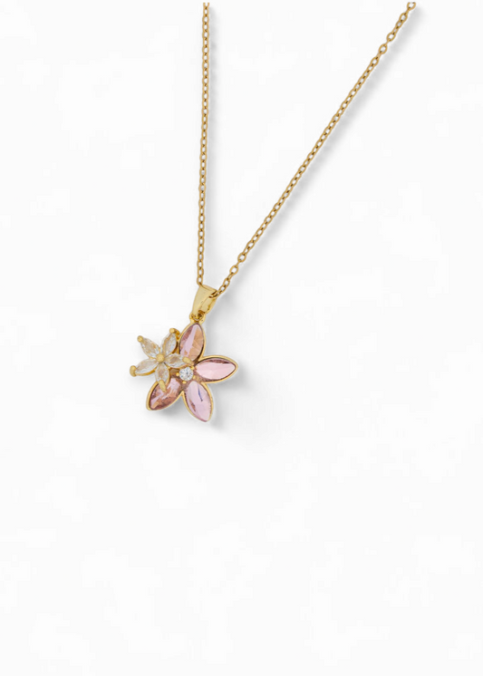 Gold Plated Floral Pink Stone Pendant