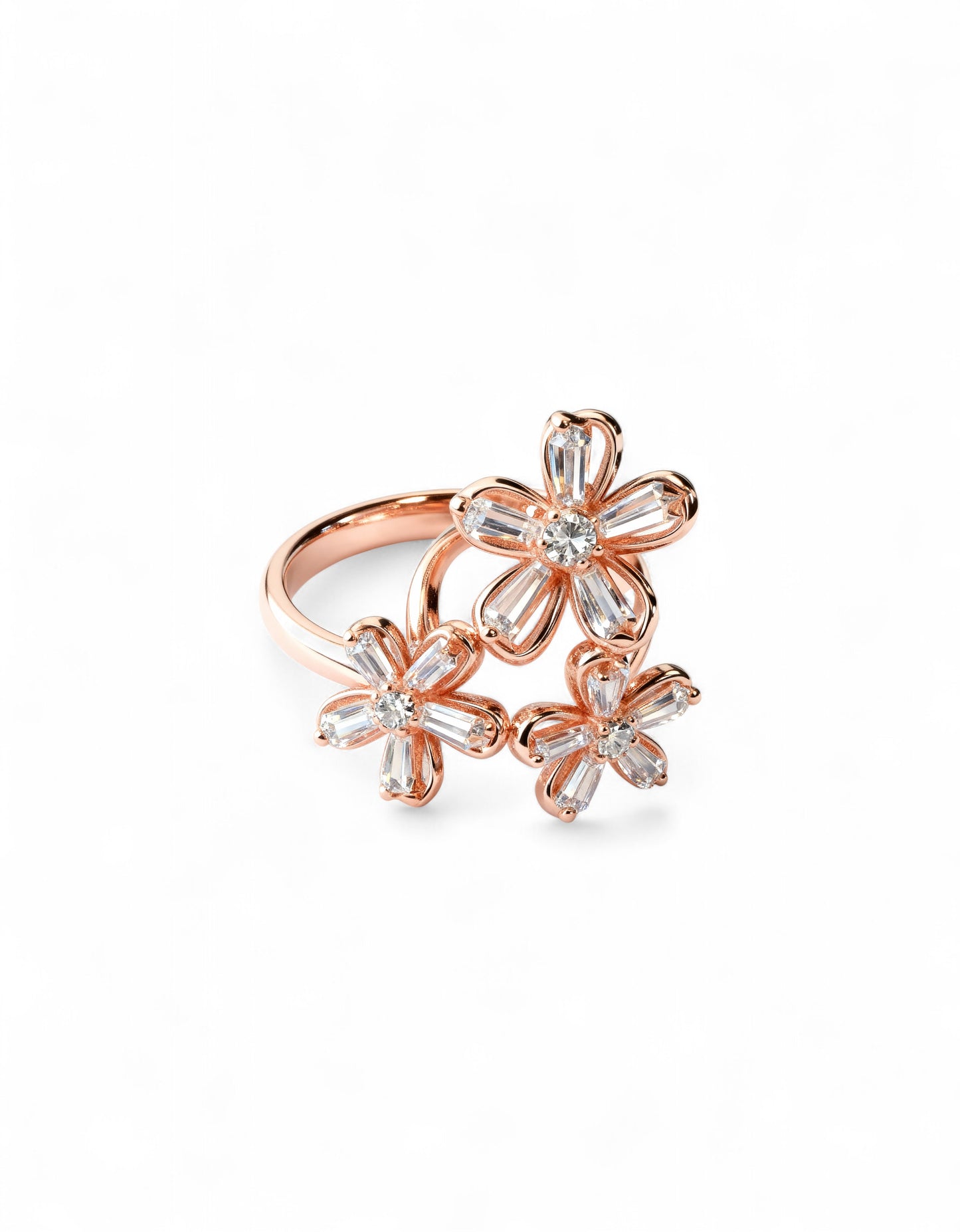 925 Pure Silver Fine Rose Gold Triplet Flower Ring