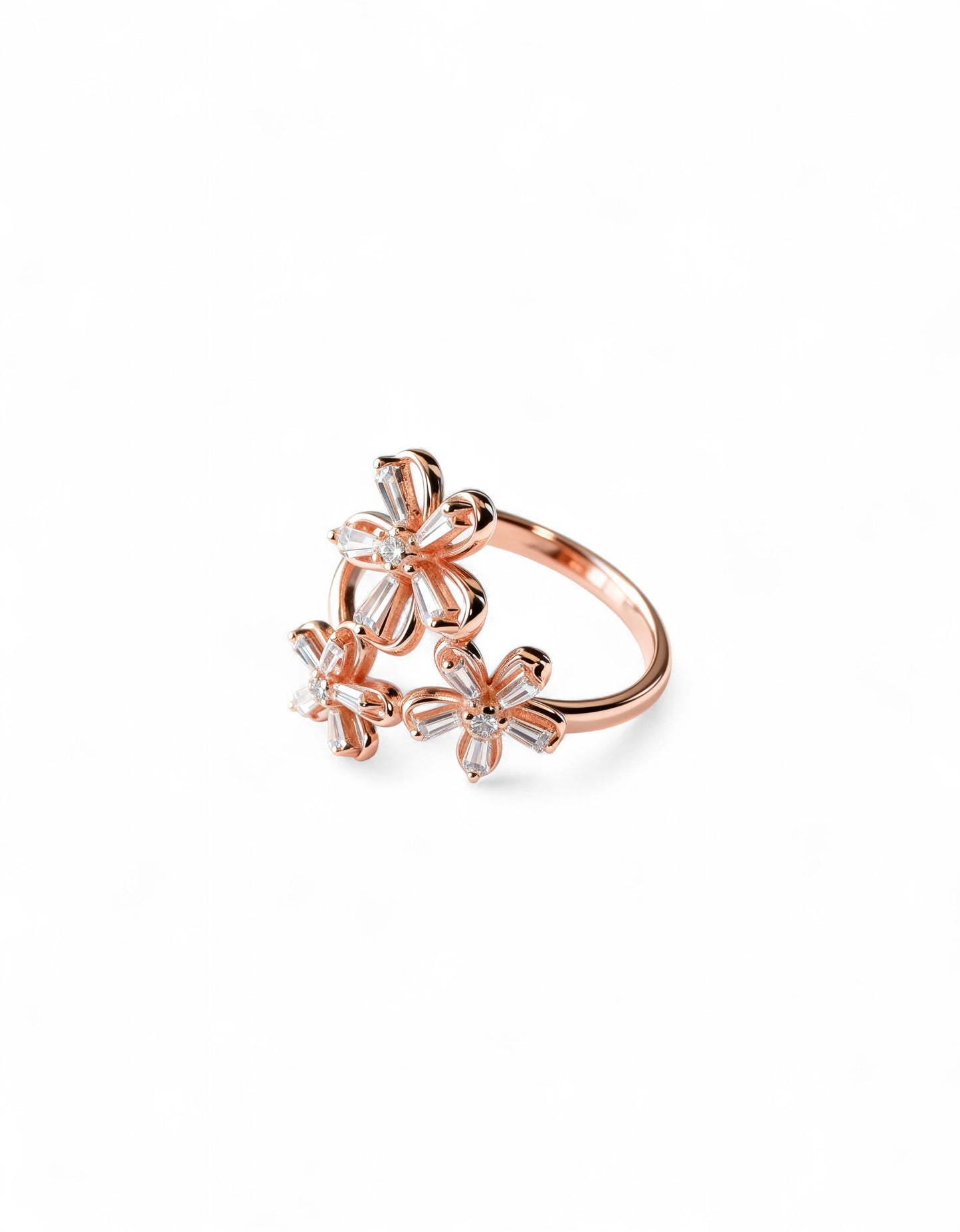 925 Pure Silver Fine Rose Gold Triplet Flower Ring