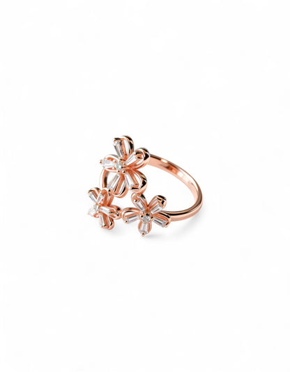 925 Pure Silver Fine Rose Gold Triplet Flower Ring