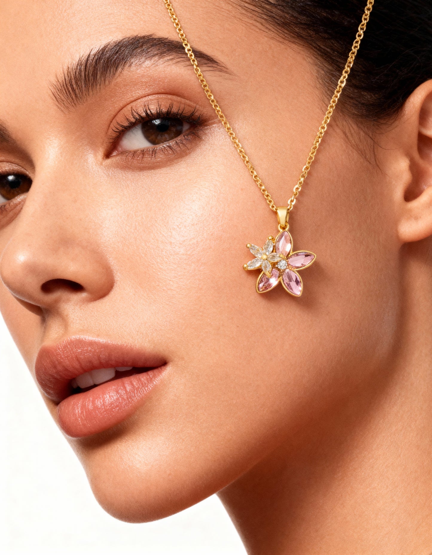 Gold Plated Floral Pink Stone Pendant