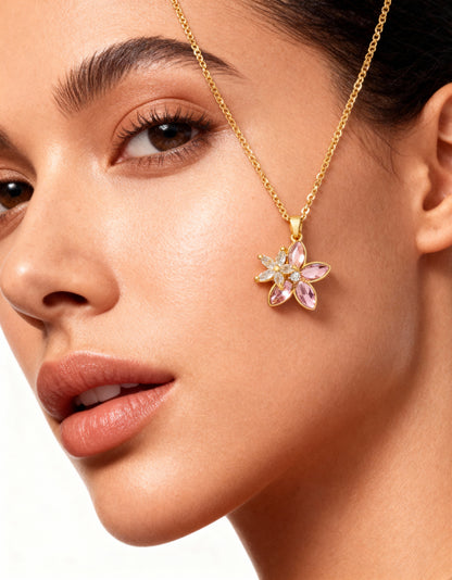 Gold Plated Floral Pink Stone Pendant