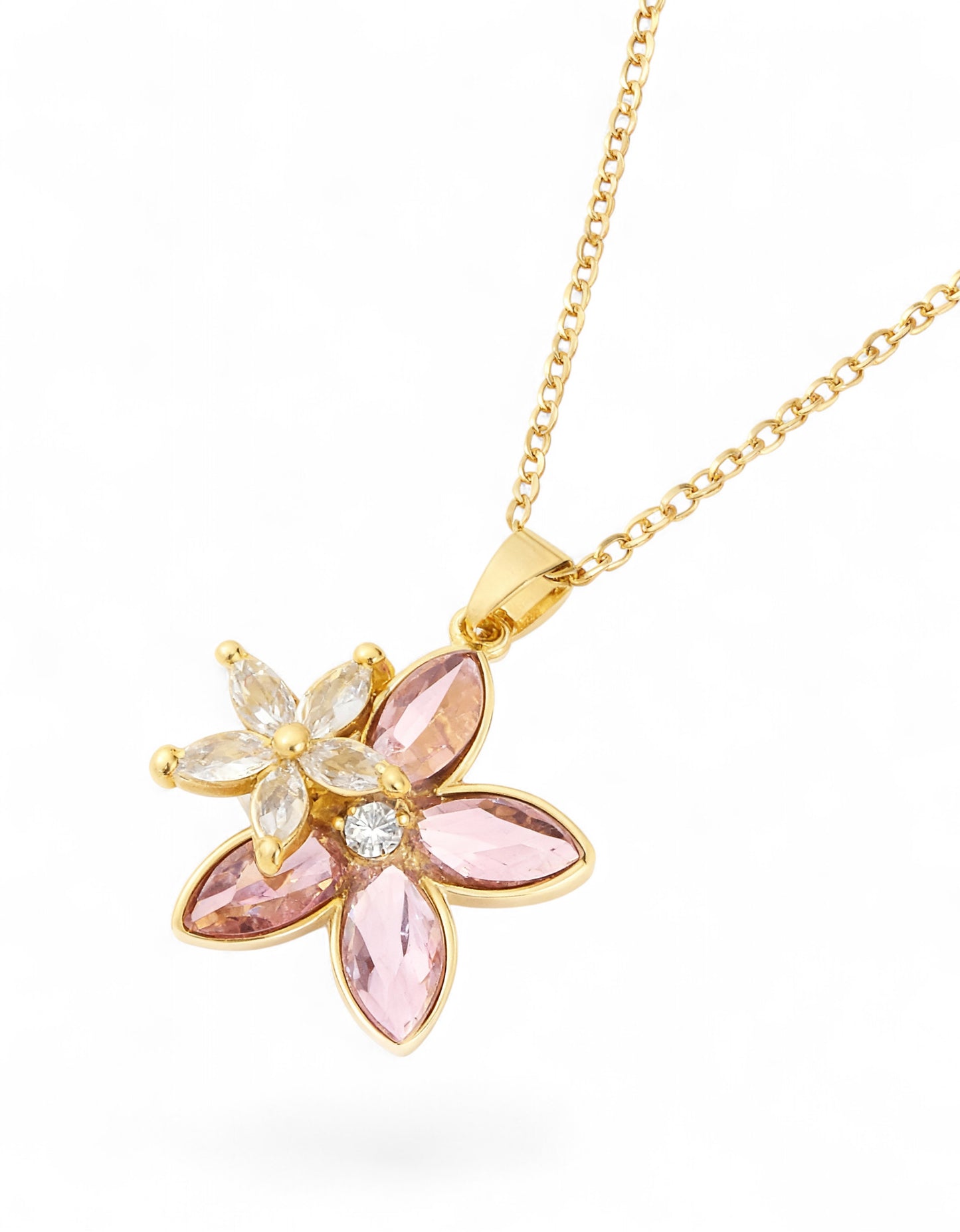 Gold Plated Floral Pink Stone Pendant